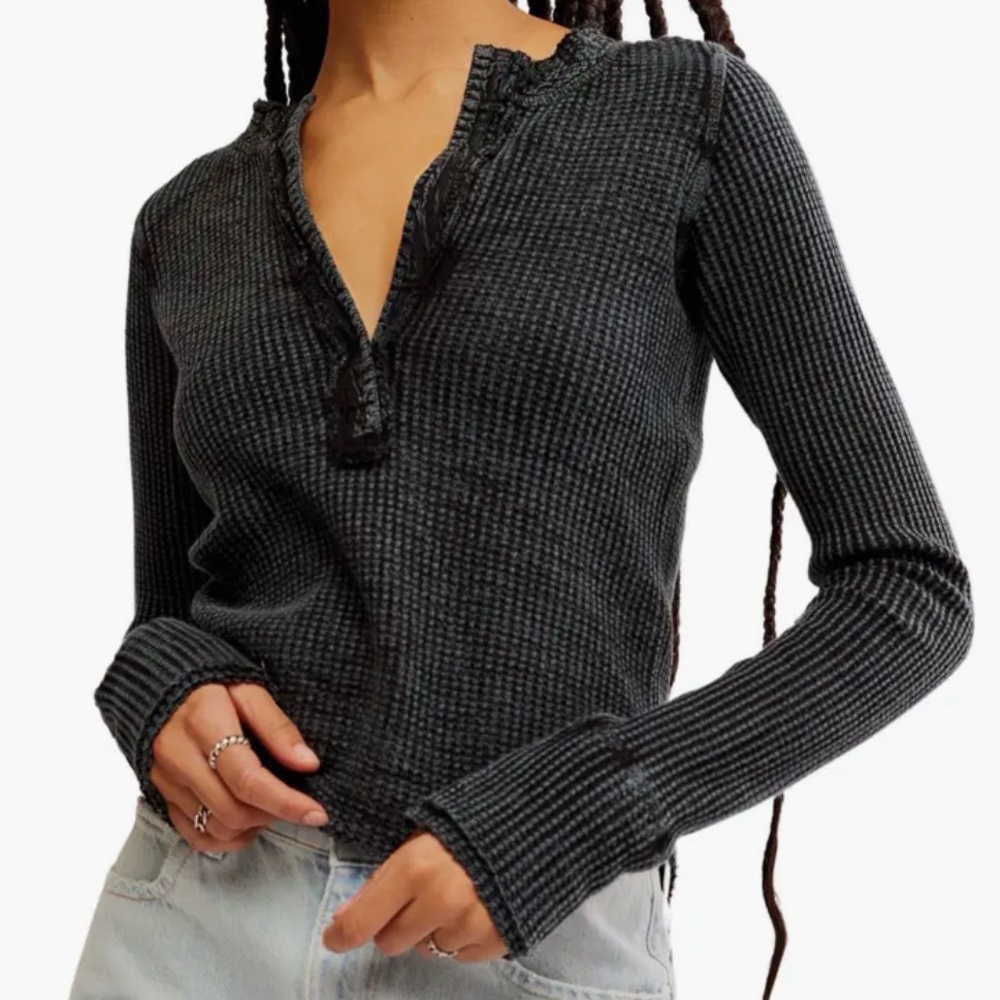 Free People Colt Long Sleeve Waffle Knit Henley Large Gray
